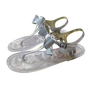 BCBG Cutesy Silver Chrome Bowtie Clear Glitter Jelly Thong Sandals